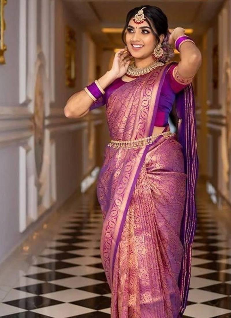 Wine silk blend jacuard work festival saree with unstitched blouse piece