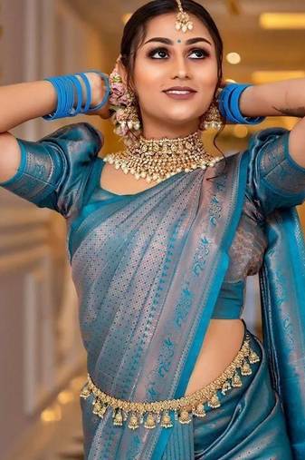 Turquoise silk blend jacuard work festival saree with unstitched blouse piece