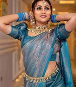 Turquoise silk blend jacuard work festival saree with unstitched blouse piece