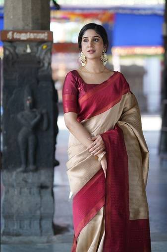 Beige maroon silk blend jacuard work festival saree with unstitched blouse piece
