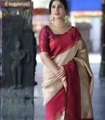 Beige maroon silk blend jacuard work festival saree with unstitched blouse piece