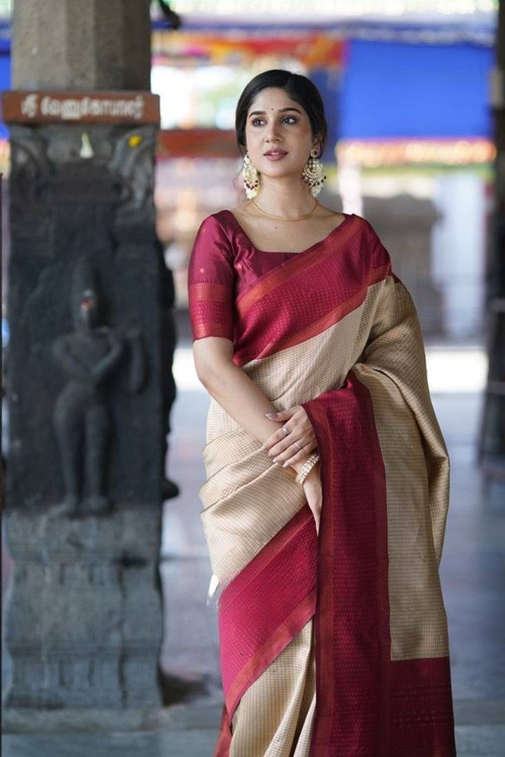 Beige maroon silk blend jacuard work festival saree with unstitched blouse piece