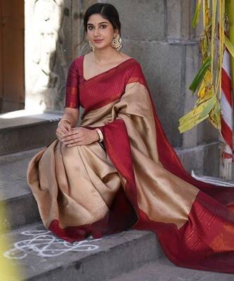 Beige maroon silk blend jacuard work festival saree with unstitched blouse piece 2