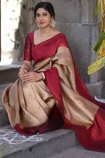 Beige maroon silk blend jacuard work festival saree with unstitched blouse piece