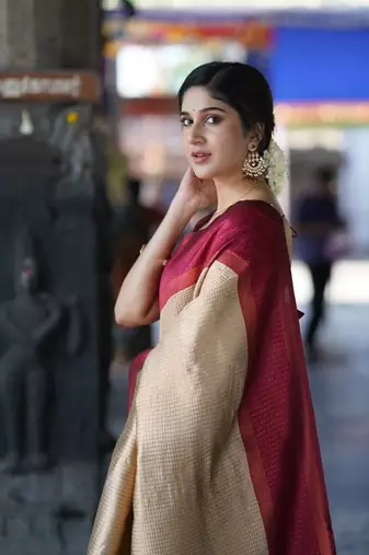 Beige maroon silk blend jacuard work festival saree with unstitched blouse piece