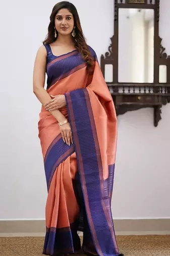 Peach blue silk blend jacuard work festival saree with unstitched blouse piece