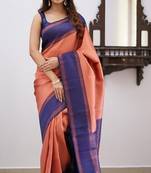 Peach blue silk blend jacuard work festival saree with unstitched blouse piece