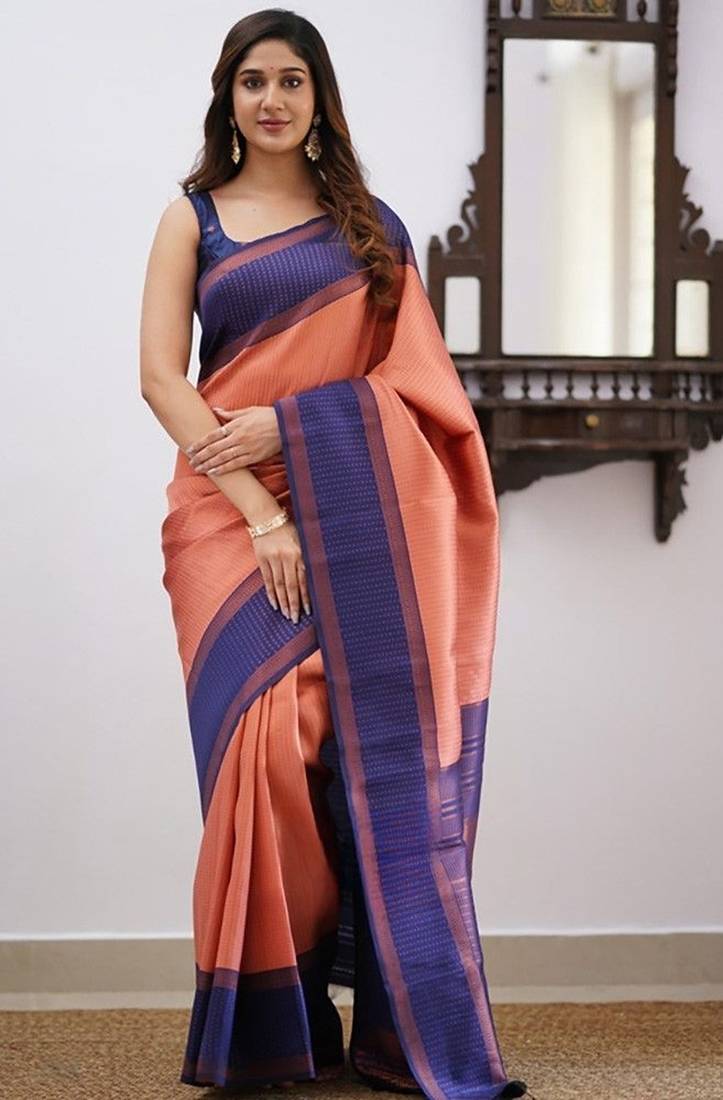 Peach blue silk blend jacuard work festival saree with unstitched blouse piece