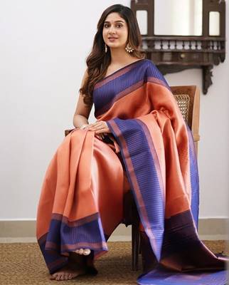 Peach blue silk blend jacuard work festival saree with unstitched blouse piece 2
