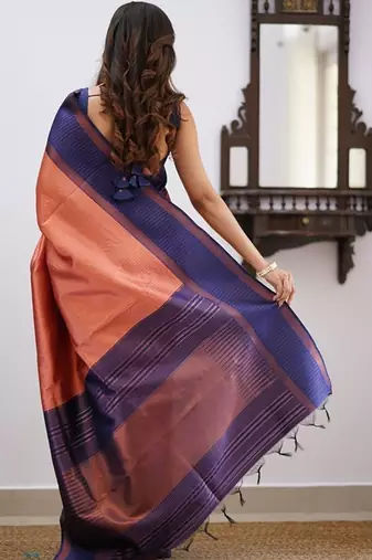 Peach blue silk blend jacuard work festival saree with unstitched blouse piece