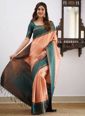 Peach green silk blend jacuard work festival saree with unstitched blouse piece 1