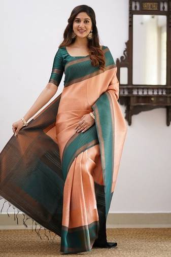Peach green silk blend jacuard work festival saree with unstitched blouse piece
