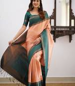 Peach green silk blend jacuard work festival saree with unstitched blouse piece