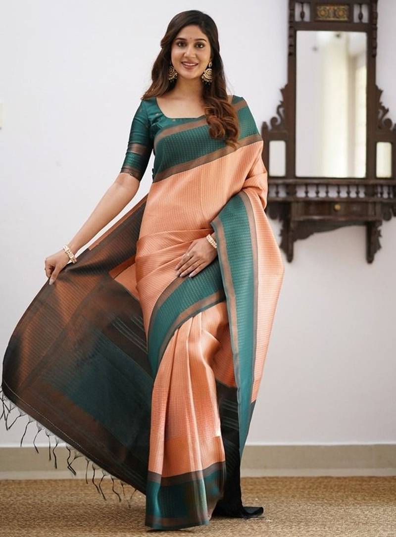 Peach green silk blend jacuard work festival saree with unstitched blouse piece