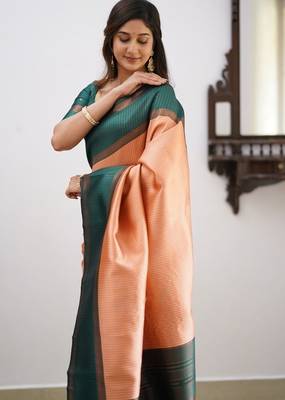 Peach green silk blend jacuard work festival saree with unstitched blouse piece 2