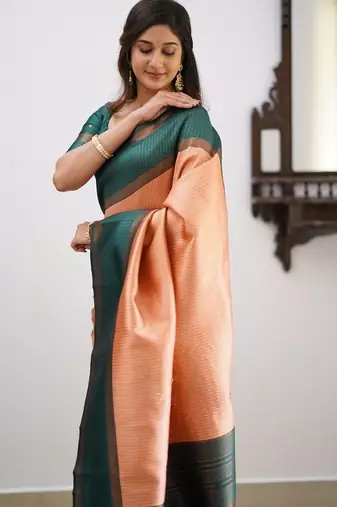 Peach green silk blend jacuard work festival saree with unstitched blouse piece