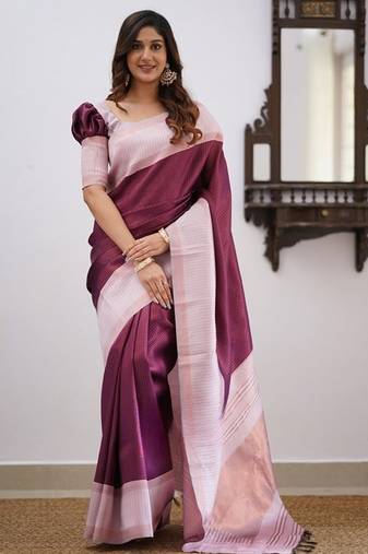 Wine pink silk blend jacuard work festival saree with unstitched blouse piece