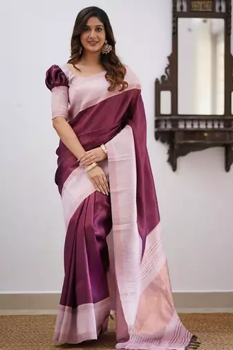 Wine pink silk blend jacuard work festival saree with unstitched blouse piece