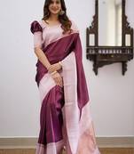 Wine pink silk blend jacuard work festival saree with unstitched blouse piece