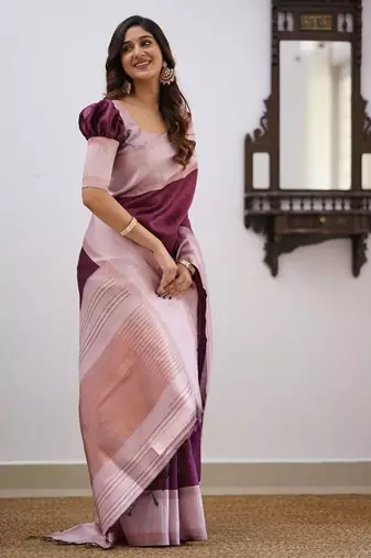 Wine pink silk blend jacuard work festival saree with unstitched blouse piece