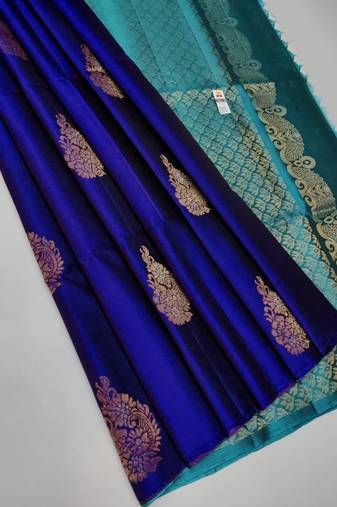 Blue rama silk blend jacuard work festival saree with unstitched blouse piece