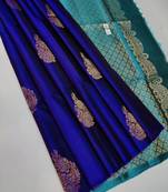 Blue rama silk blend jacuard work festival saree with unstitched blouse piece