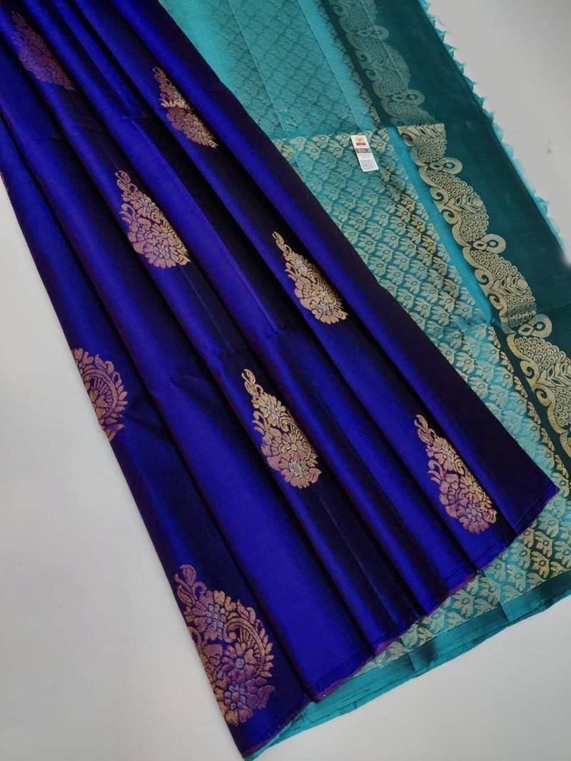Blue rama silk blend jacuard work festival saree with unstitched blouse piece