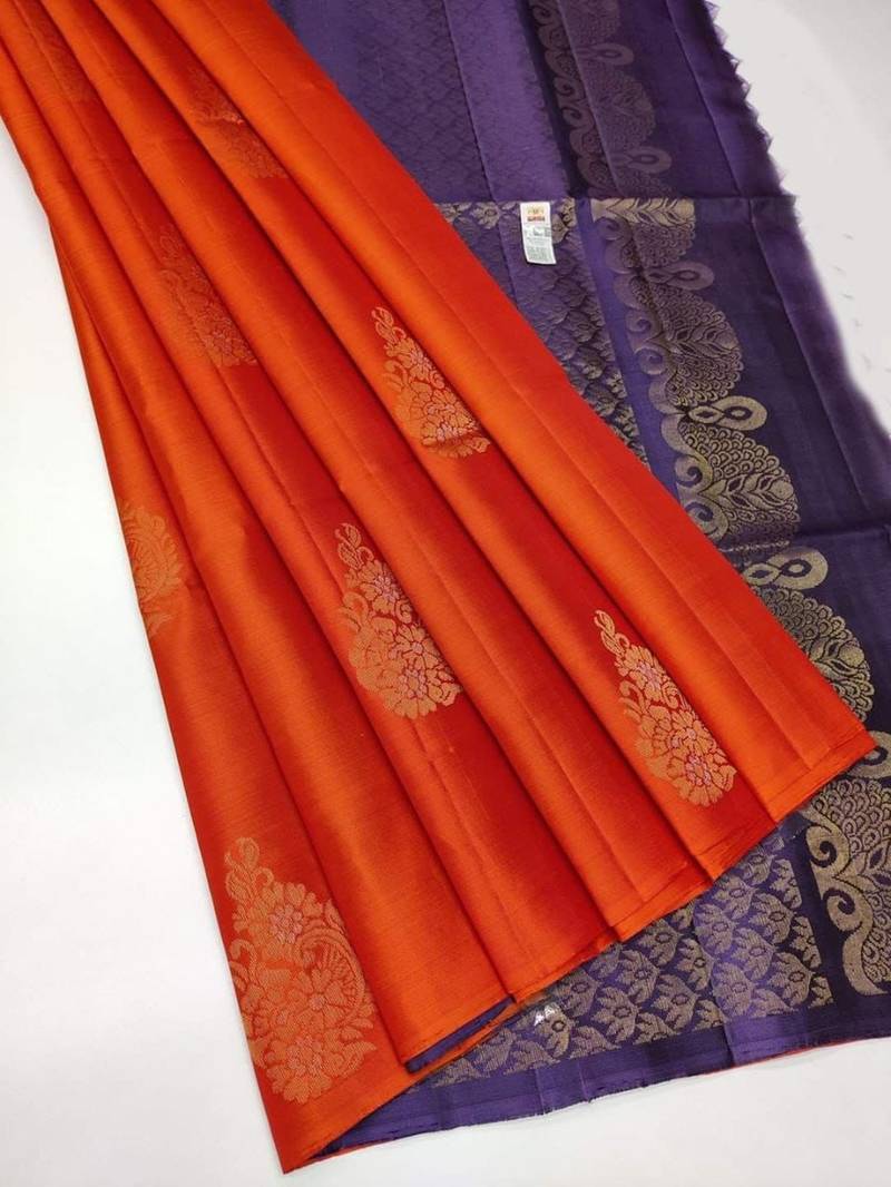 Orange blue silk blend jacuard work festival saree with unstitched blouse piece