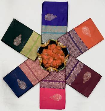 Orange blue silk blend jacuard work festival saree with unstitched blouse piece 3