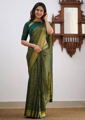 Green silk blend jacuard work festival saree with unstitched blouse piece 1