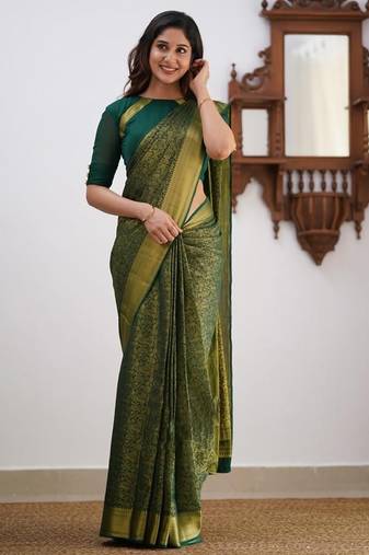 Green silk blend jacuard work festival saree with unstitched blouse piece