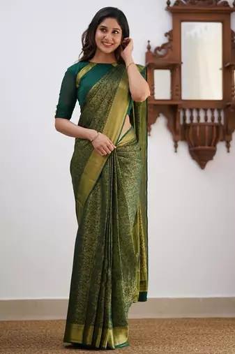 Green silk blend jacuard work festival saree with unstitched blouse piece