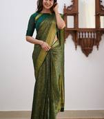 Green silk blend jacuard work festival saree with unstitched blouse piece