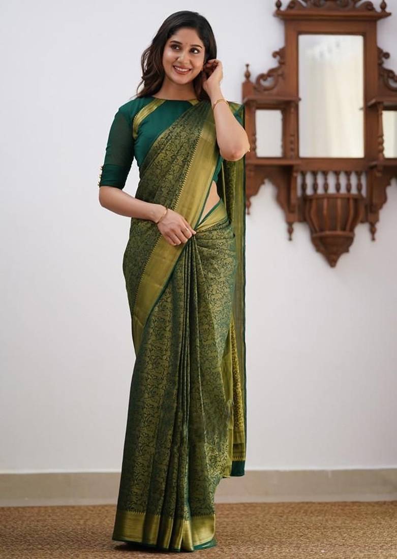 Green silk blend jacuard work festival saree with unstitched blouse piece