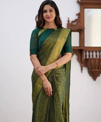 Green silk blend jacuard work festival saree with unstitched blouse piece 2