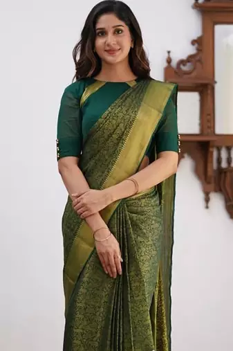Green silk blend jacuard work festival saree with unstitched blouse piece