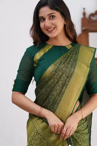 Green silk blend jacuard work festival saree with unstitched blouse piece
