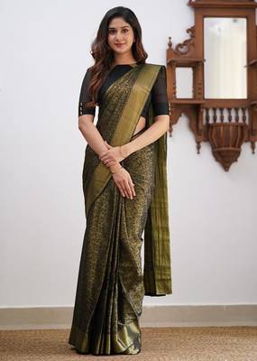 Black silk blend jacuard work festival saree with unstitched blouse piece 1