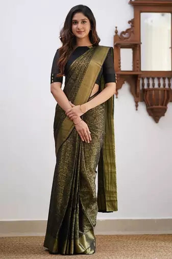 Black silk blend jacuard work festival saree with unstitched blouse piece