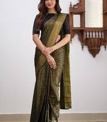 Black silk blend jacuard work festival saree with unstitched blouse piece