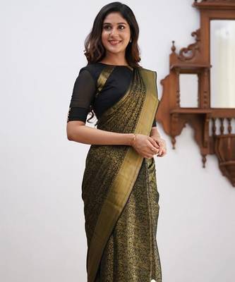 Black silk blend jacuard work festival saree with unstitched blouse piece 2