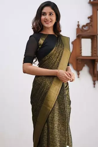 Black silk blend jacuard work festival saree with unstitched blouse piece