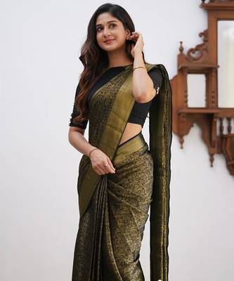 Black silk blend jacuard work festival saree with unstitched blouse piece 3
