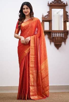 Orange silk blend jacuard work festival saree with unstitched blouse piece 1