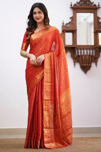 Orange silk blend jacuard work festival saree with unstitched blouse piece