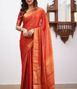 Orange silk blend jacuard work festival saree with unstitched blouse piece