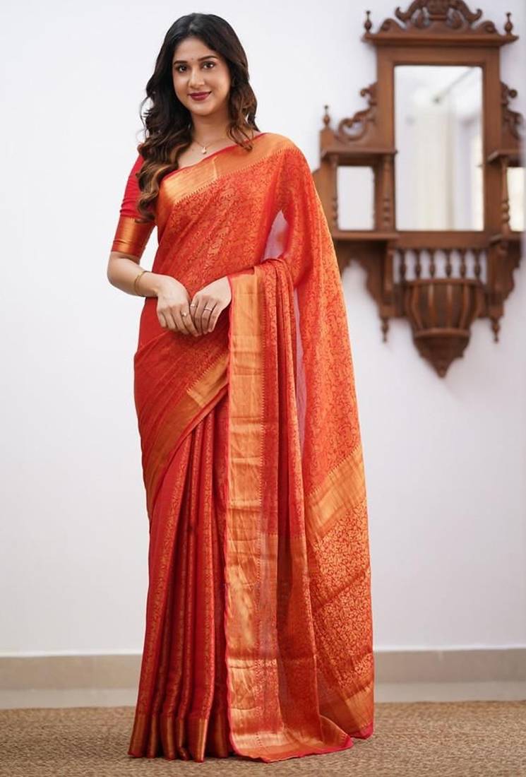 Orange silk blend jacuard work festival saree with unstitched blouse piece