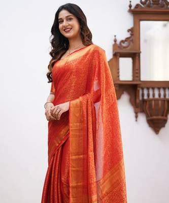 Orange silk blend jacuard work festival saree with unstitched blouse piece 2
