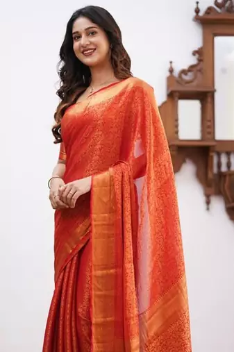 Orange silk blend jacuard work festival saree with unstitched blouse piece