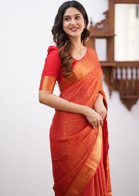 Orange silk blend jacuard work festival saree with unstitched blouse piece 3